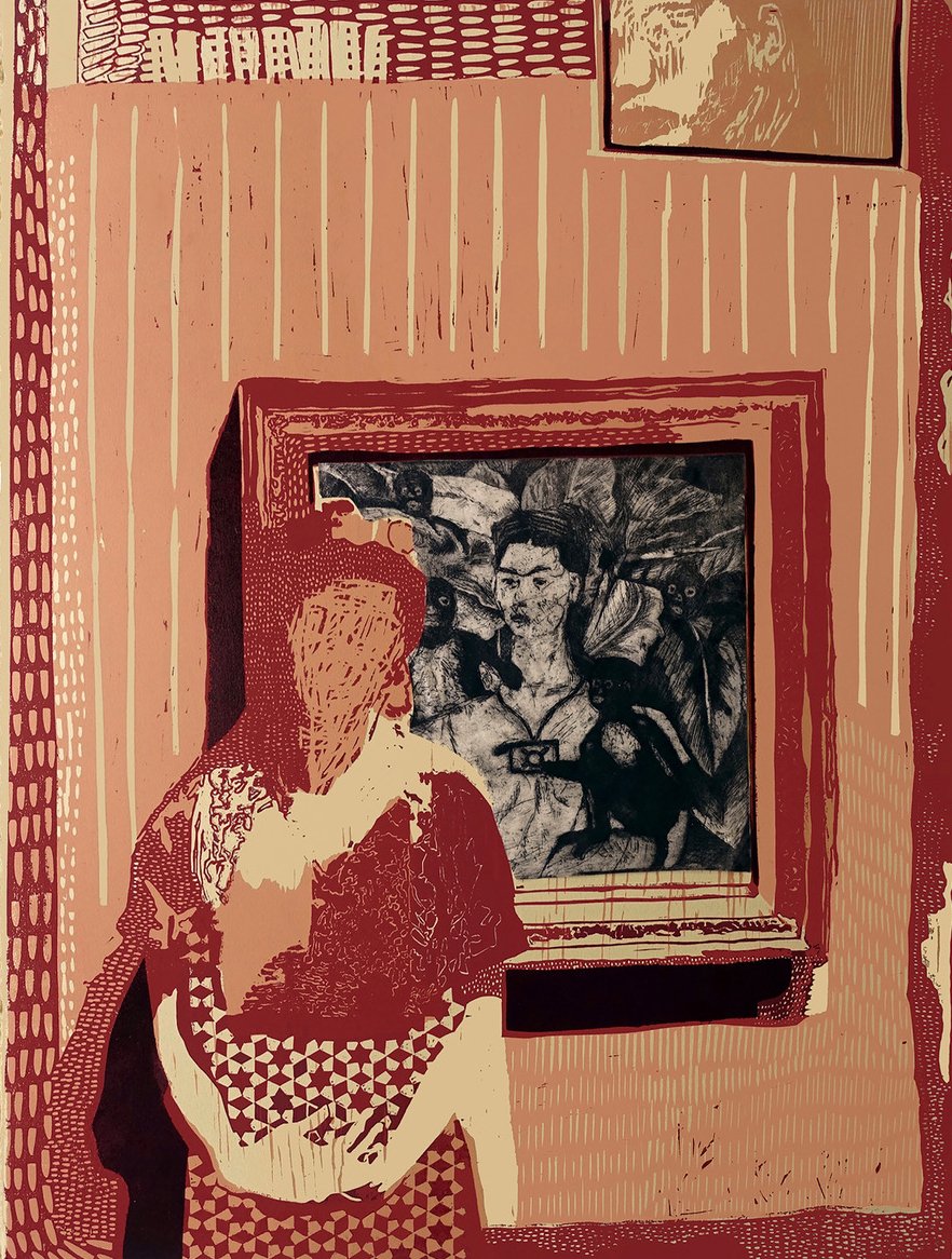 Jake Garfield - Woman-Dressed-As-Frida-In-Front-Of-Frida-Kahlo-Self-Portrait