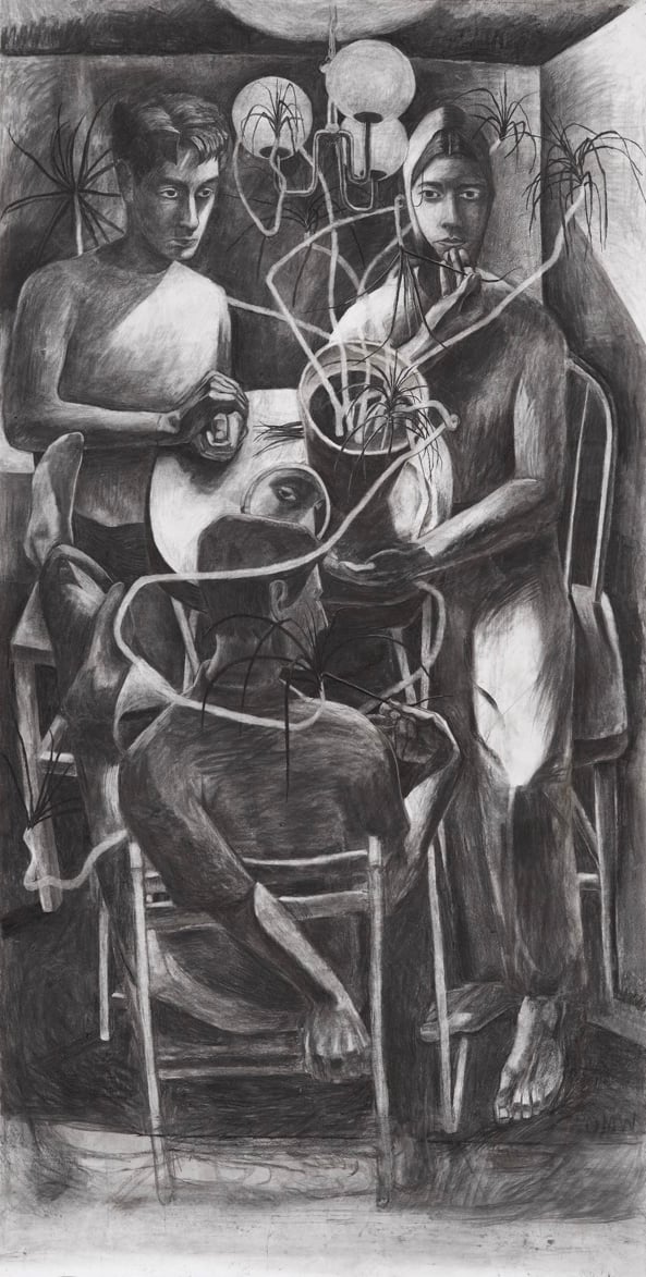 Group of people pruning plants drawn in charcoal