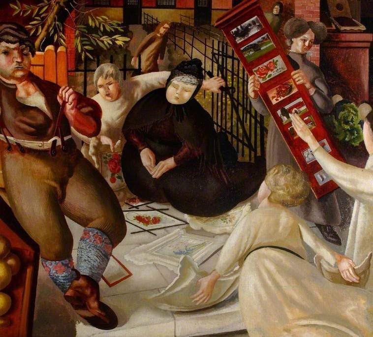 The image depicts around seven individuals engaged in various activities. One person is holding a red object, another is pushing a cart with two bottles, and a third is holding a green object. The room has a rustic feel, with a wooden floor, a brick wall, and a railing.