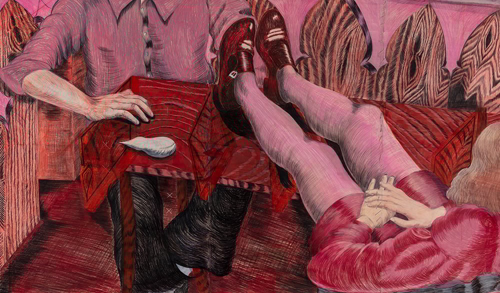 Red and pink drawing of a person reclining with their feet on the table