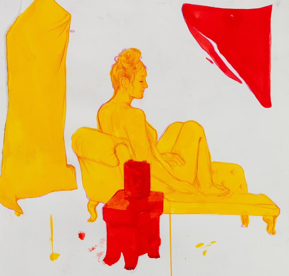 Life drawing of women on a chaise lounge in yellow and red