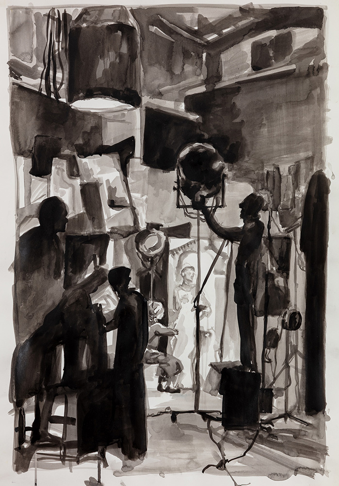 Inky drawing in black of a film set