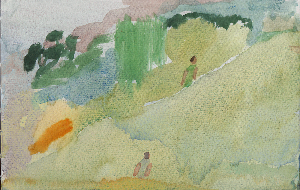 After swim, walk uphill, watercolour on paper, 20x10cm
