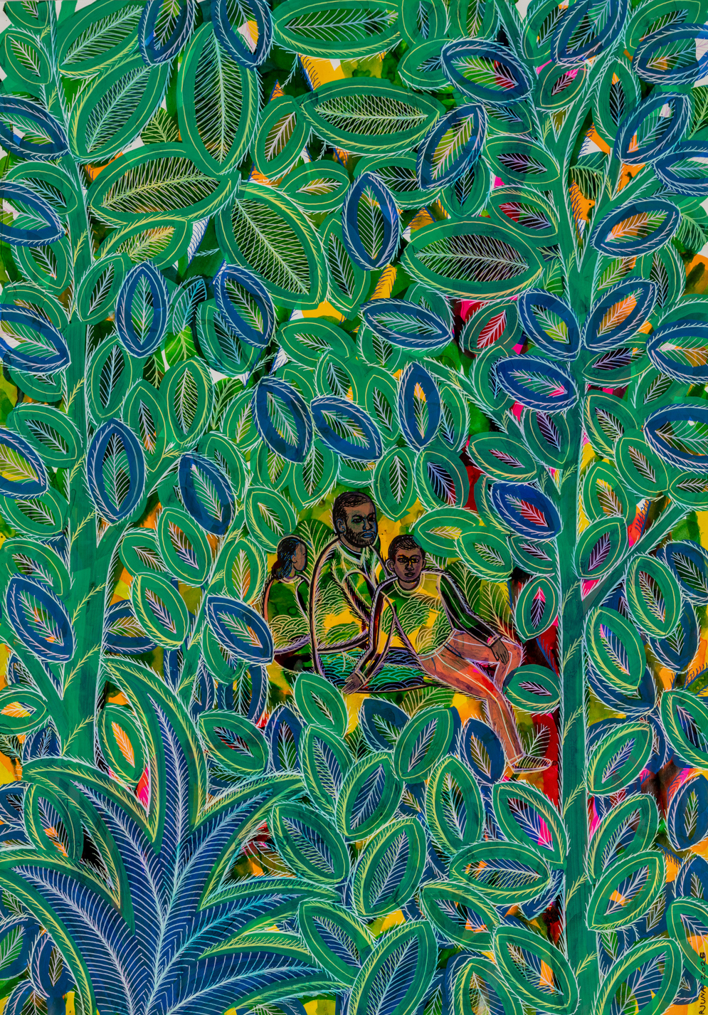 People sitting hidden in a forest