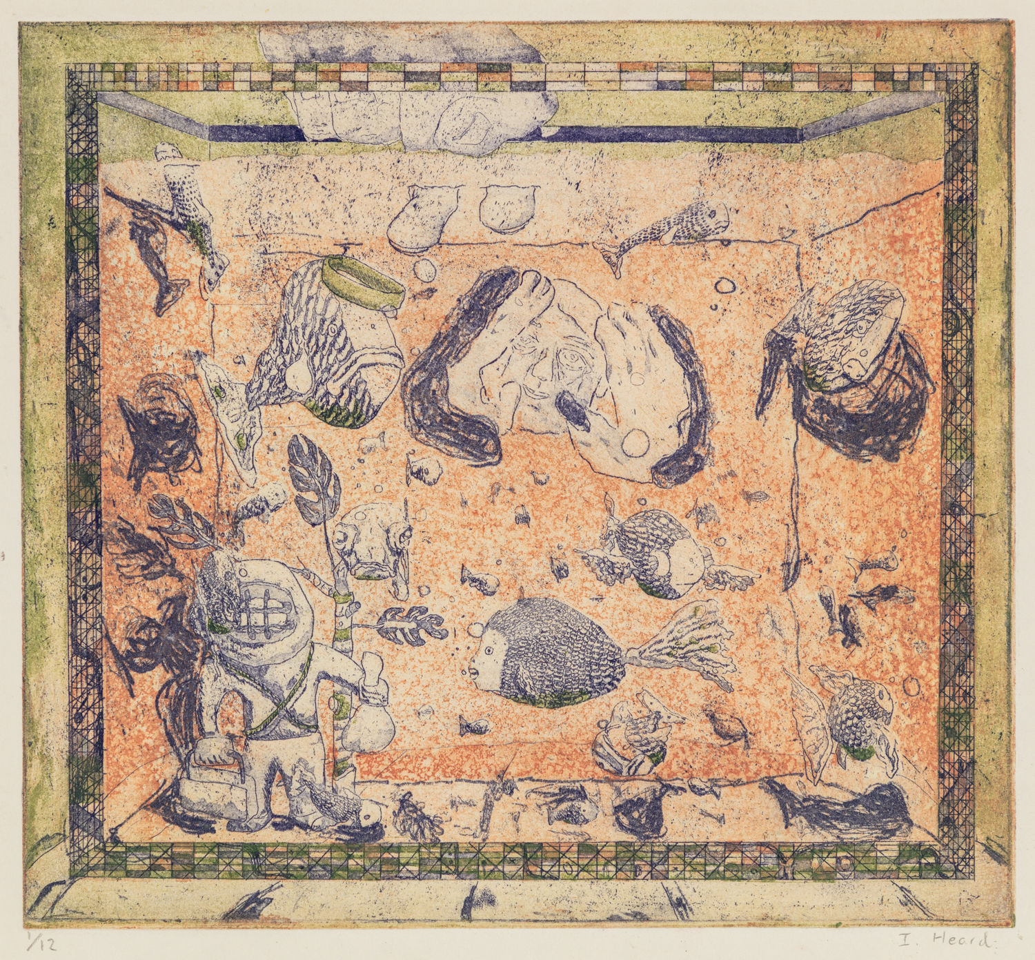 Etching of a fish in a tank in oranges and blues