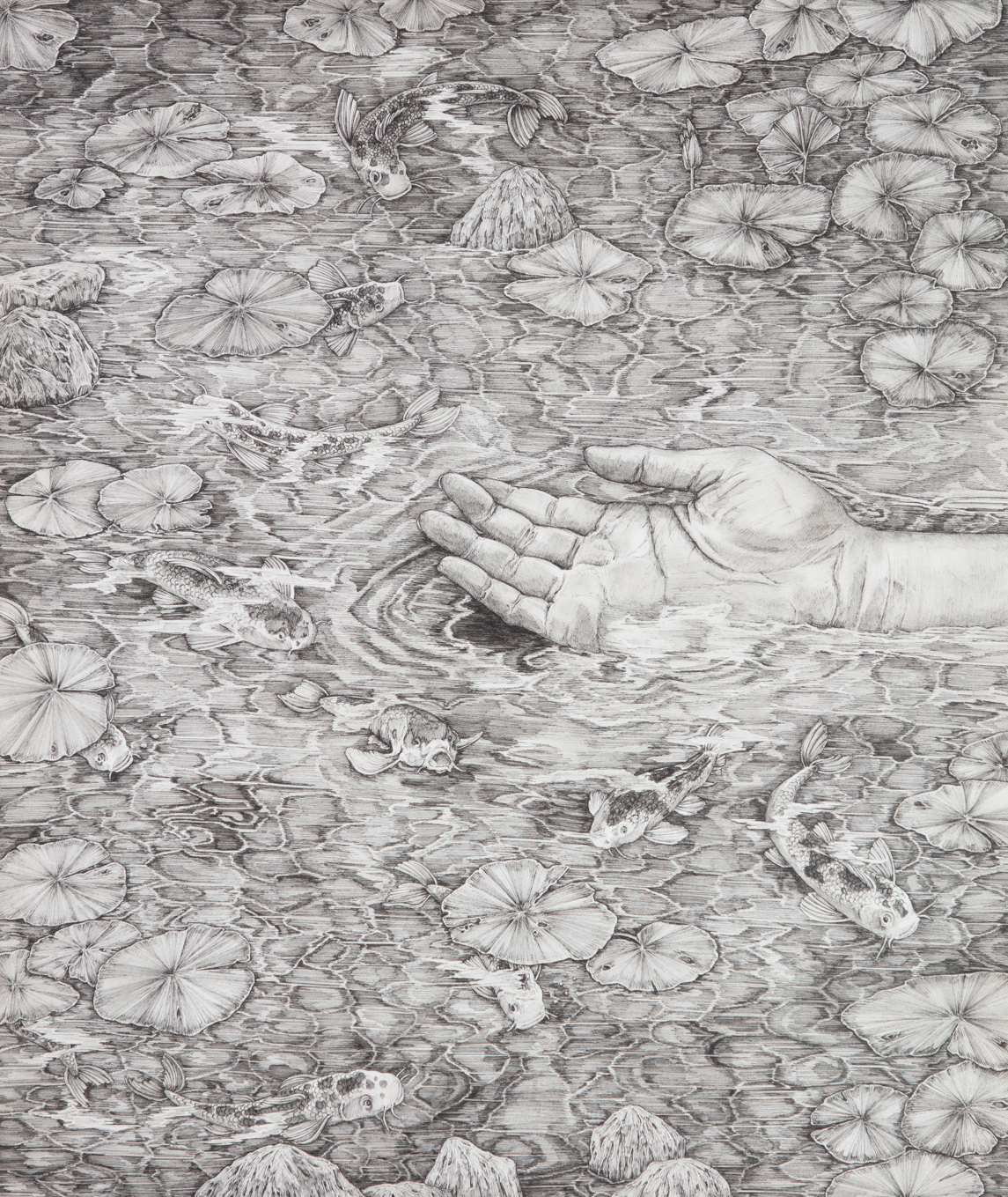 A hand laying on the ground amongst leaves and grass drawn in pen