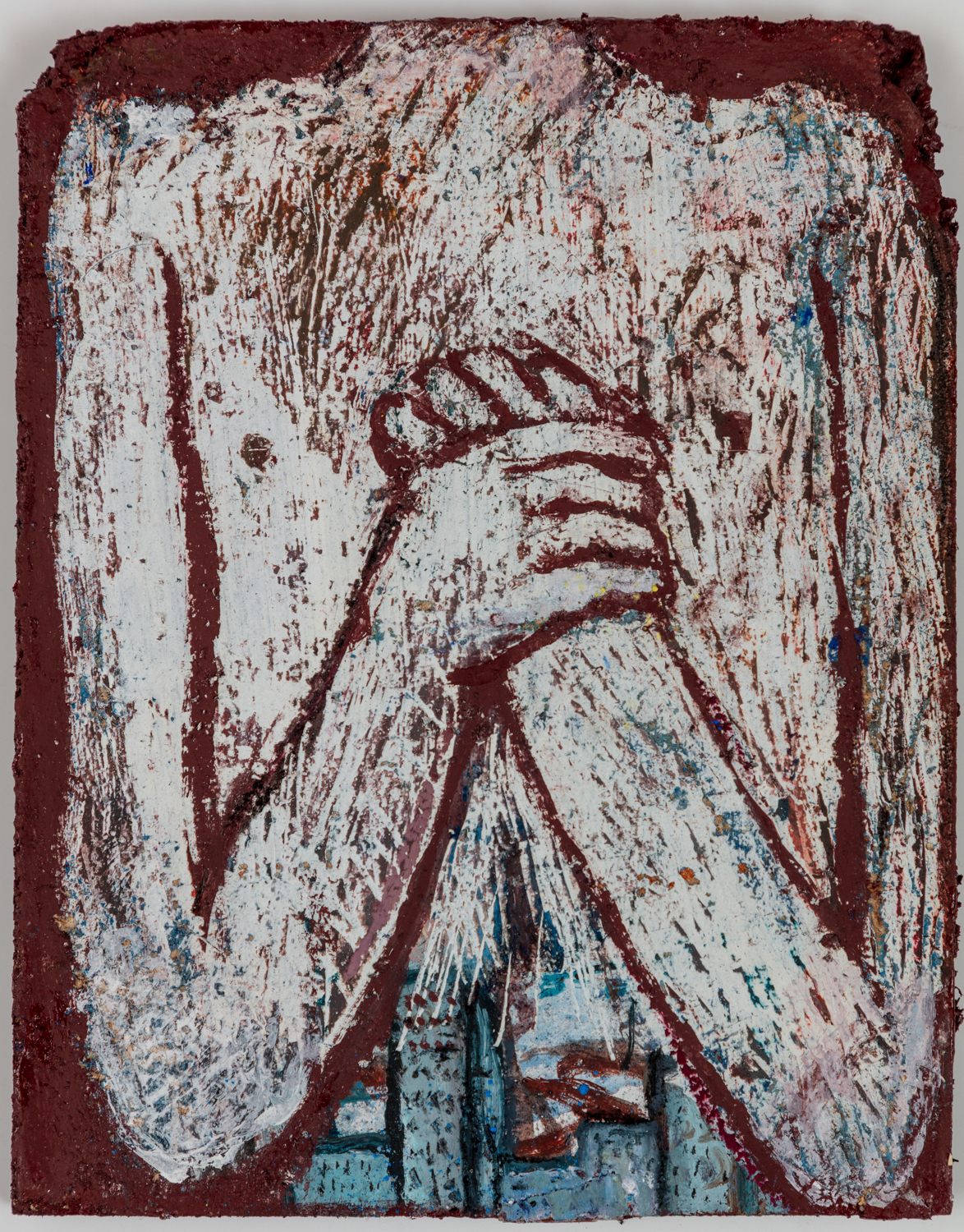 A torso clasping their hands in front of their chest