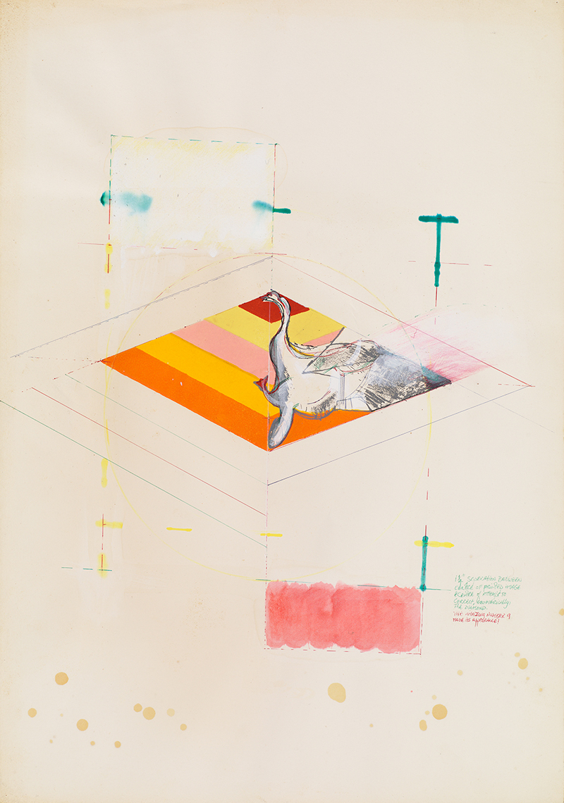 Frank Bowling, Swan: Geometric Observation 1, 1965, oil medium, pen and pastel on paper